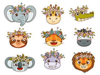 Set of faces of tropical animals with wreaths of flowers on the head. Hippo, lion, elephant, giraffe, crocodile, zebra, sloth, tiger, koala. Vector illustration for designs, prints, patterns. Isolated