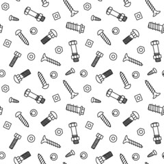 Fototapeta na wymiar Hand drawn bolts, screws and nuts. Seamless pattern of fasteners in doodle style. Hand drawn building material. Children drawing. Vector illustration on white background.
