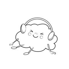 Cute black and white contour-drawn cartoon cloud listening to music with headphones.. Cartoon vector illustration. Kawaii, children's isolated vector illustration.  Cloud illustration.