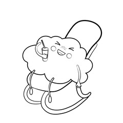 Cute black and white contour-drawn cartoon cloud in a rocking chair with a drink in hand. Cartoon vector illustration. Kawaii, children's isolated vector illustration.  Cloud illustration.