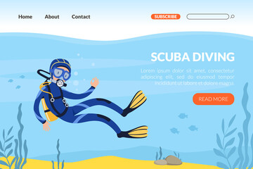 Landing Page with Man Character in Diving Suit and Goggles Swimming Underwater Vector Template