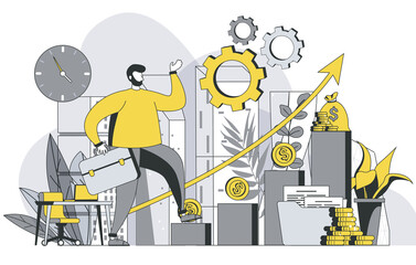 Career opportunities concept with outline people scene. Man is looking for new projects, invests money and increases income, achieves goals. Vector illustration in flat line design for web template