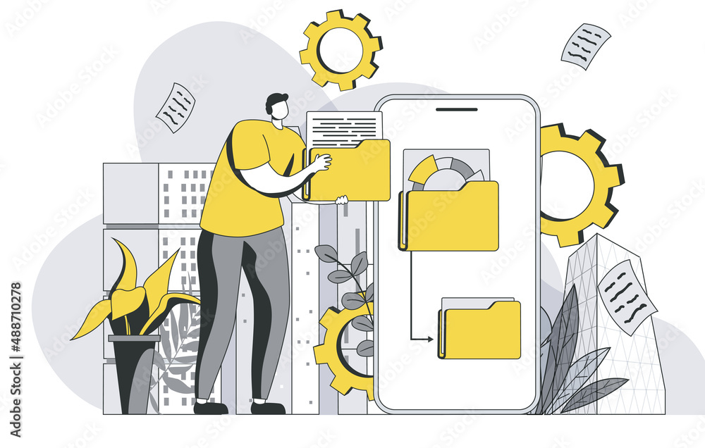 Aufkleber Cyberspace management concept with outline people scene. Man interacts with storage system and manages digital files, documents and data. Vector illustration in flat line design for web template