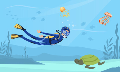 Man Character in Diving Suit and Goggles Swimming Underwater Vector Illustration