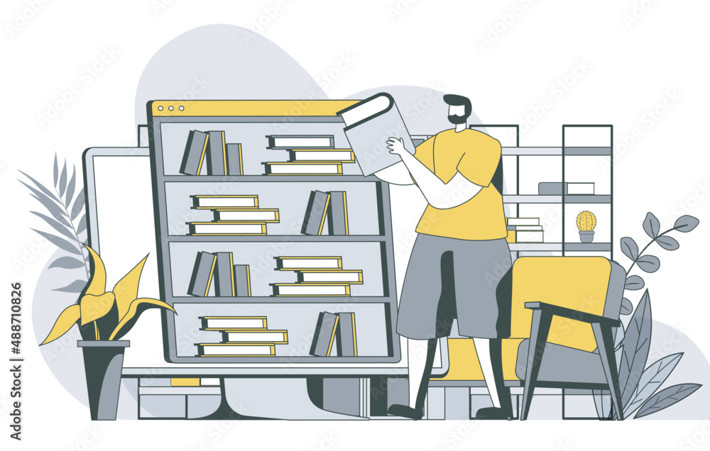 Aufkleber Online library concept with outline people scene. Man reads e-books, stores books in cloud storage or on computer, buys in online bookstore. Vector illustration in flat line design for web template