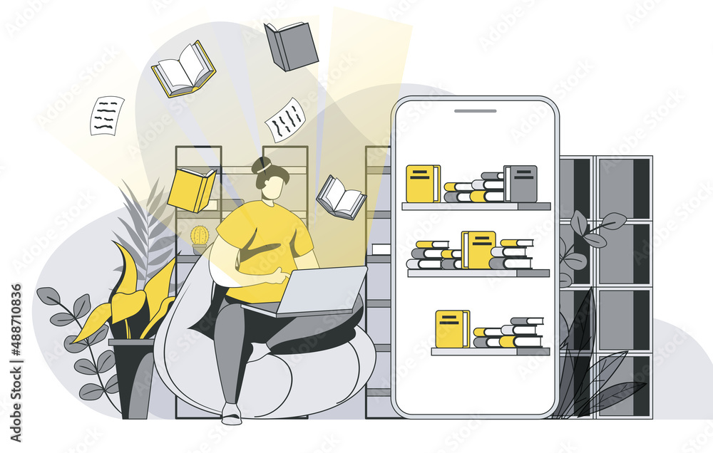 Leinwandbilder online reading concept with outline people scene. woman reads e-books on laptop, stores books in clo