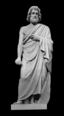 Statue of the biblical inventor Daedalus. Ancient sculpture isolated on black background. Classic antiquity man portrait