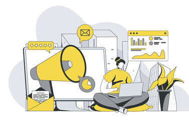 Outbound marketing concept with outline people scene. Marketer conducts offline advertising campaign, sends letters and broadcasts on radio. Vector illustration in flat line design for web template