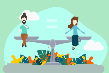Gender equality. Men and women sitting on scales. Flat design vector illustration.