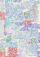 Collage made of handwritten pieces of text. The language is German