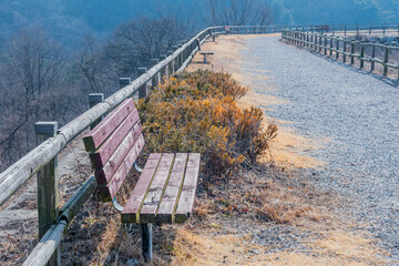 Wooden park bench beside wood rail fence fronting gravel walkway in public park.