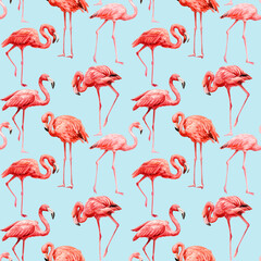 Flamingo watercolor painting. Seamless patterns. Blue background. pink bird
