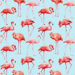 Flamingo watercolor painting. Seamless patterns. Blue background. pink bird
