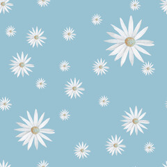 Fototapeta na wymiar Beautiful summer background with chamomile flowers. Floral seamless pattern. Watercolor illustration.
