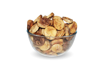 Tasty dried sweet figs on a glass bowl isolated on white background, healthy eating and proper lifestyle