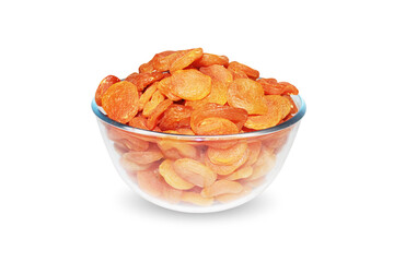 dried raw apricots isolated on white background Healthy food, closeup of a bowl, ( Dri apricots or dry apricots ) 