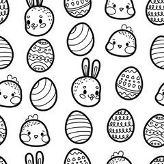 Easter eggs, chiken and bunny seamless pattern. Doodle Easter. Black and white line art. Hand drawn cute chicken and rabbit. Stock vector illustration on a white background.