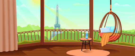 Paris apartment with big window and view on Eiffel Tower at sunset. Summer holidays in France. Luxury romantic apartments for lovers at Paris