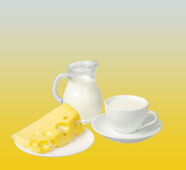 Milk in a jug, milk in a cup and cheese on a saucer.