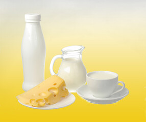 Milk in a jug, milk in a cup and cheese on a saucer.