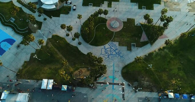 Top down aerial of the Venice Beach Recreation Center at sunset.