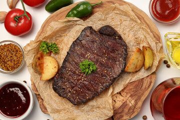 Concept of tasty food with beef steak, top view
