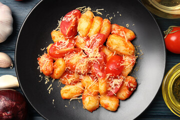 Concept of tasty food with gnocchi, top view