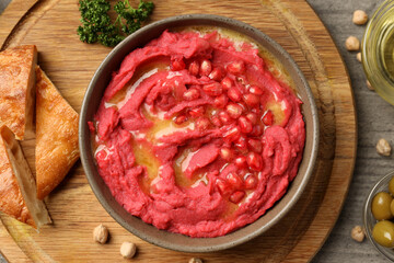 Concept of tasty food with hummus, top view
