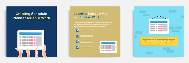 Social media informative post banner template design in 3D cartoon style, hanging calendar schedule planner concepts with multicolor.