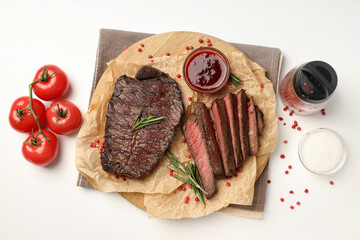 Concept of tasty food with beef steaks, top view