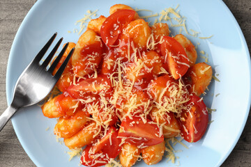 Concept of tasty food with gnocchi, top view