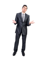 Bored man in formal suit. White background