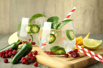 Concept of drink with jalapeno cocktail, close up