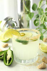 Concept of drink with jalapeno cocktail, close up