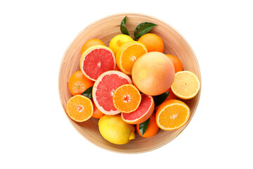 Bowl of citrus fruits isolated on white background