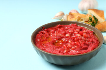 Concept of tasty food with hummus, space for text