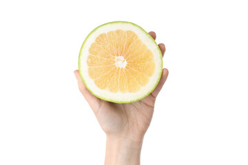 Female hand holds sweetie half, isolated on white background