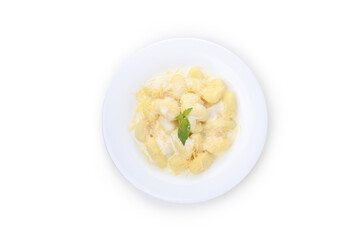 Plate with gnocchi isolated on white background