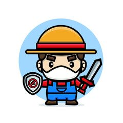 farmer wear face mask holding sword and shield prepare to eradicate pests
