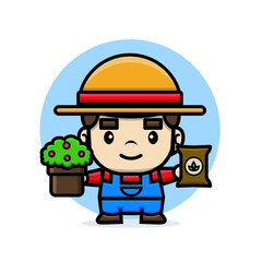 Cute characters farmer holding plant and fertilizer