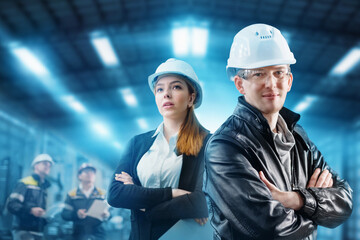 Team of engineers at a heavy industry factory. Effective team