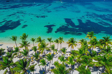 Aerial view of tropical beach. Punta Cana, Dominican Republic. - obrazy, fototapety, plakaty