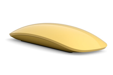 Realistic gold wireless computer mouse with touch isolated on black background.