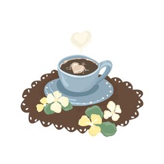 A cup of coffee. Coffee drink in the interior. Floral decor. Coffeetime.