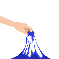 Human hand hold slime stretched. Mucus kids toy, sticky slimy colorful green funny squesse, jelly glue liquid substance, tencion, elasticity. Vector illustration