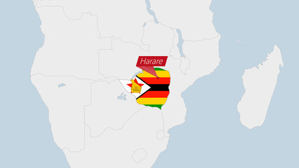 Zimbabwe map highlighted in Zimbabwe flag colors and pin of country capital Harare.