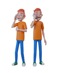 3d illustration men character anime gesture call with a cell phone isolated with tranparent background