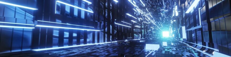 Blue futuristic sci-fi style corridor or shaft background with exit or goal ahead.Abstract cyber or digital speedway concept. 3D illustration, 3D rendering.