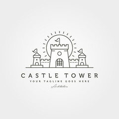 castle tower logo with sunburst vector symbol illustration design - obrazy, fototapety, plakaty