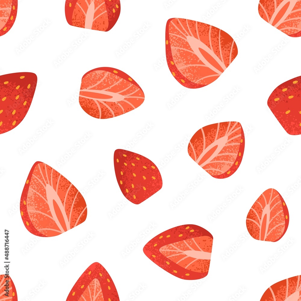 Poster Seamless pattern with strawberries. Endless background with red berries, repeating print for textile, wrapping, decoration. Fresh fruit pieces on white backdrop. Colored flat vector illustration